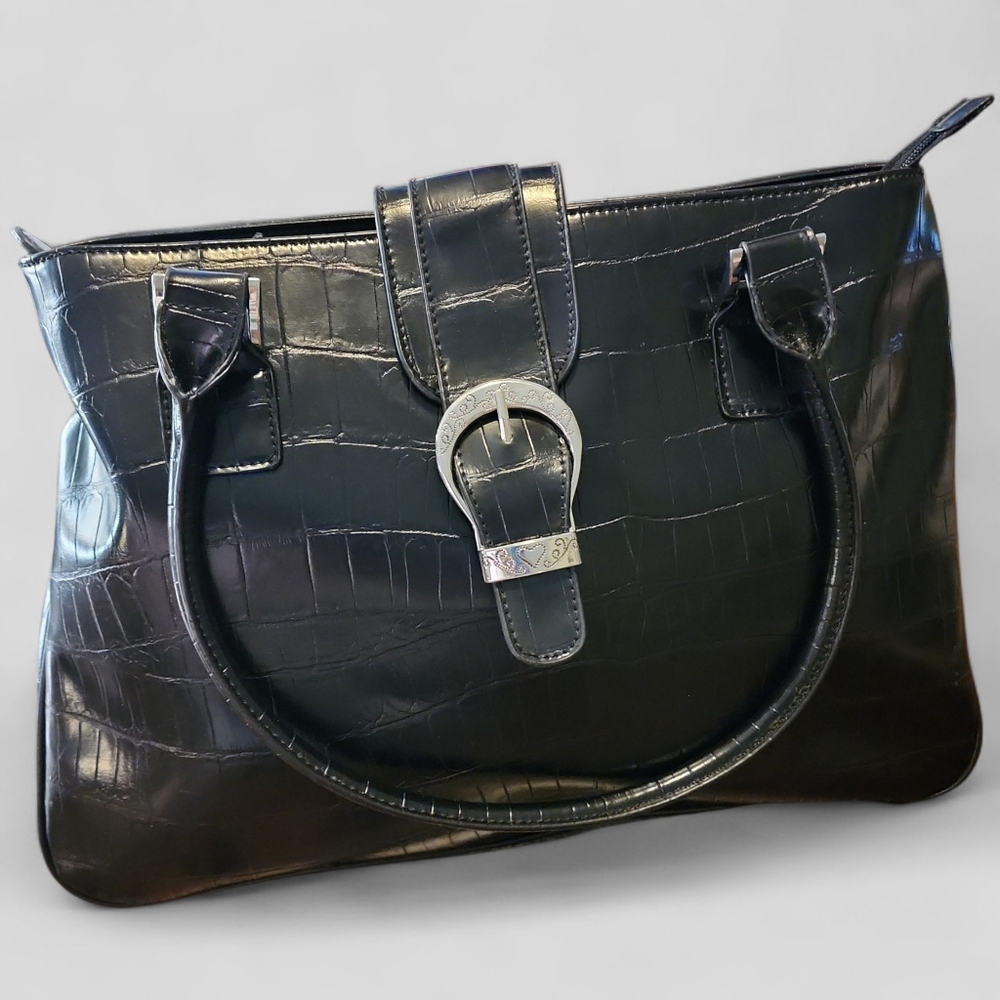 COLDWATER CREEK | Elegant Black Crocodile-Embossed Faux Leather Tote Handbag